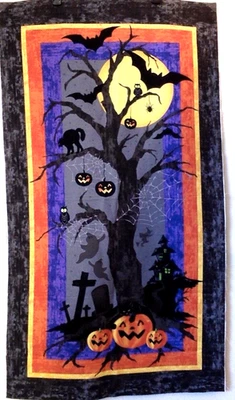 Panel de tela de edredón de gato negro cementerio espeluznante 23" x 43" tela artesanal Foto 1 de 4