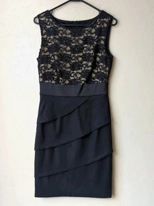 Connected Apparel Tiered Lace Sequin Dress Black Zip Up Nude Sz 6 - Picture 1 of 8