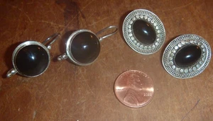 Vintage Modern Style 2 Pairs 925 SS Pierced Earring with Black Stones - Picture 1 of 3