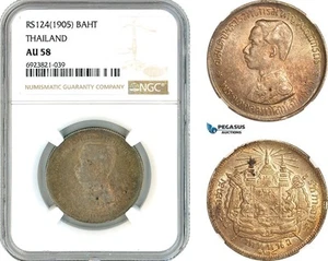 AK731, Thailand, Rama V, 1 Baht RS124 (1905) Silver, NGC AU58 - Picture 1 of 1