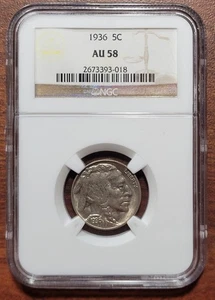 1936 Buffalo Nickel NGC AU 58 Choice AU+ nr UNC Slabbed Certified 5c Coin - Picture 1 of 4