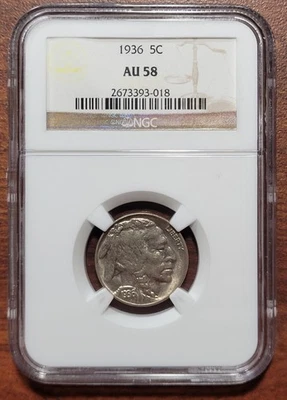 1936 Buffalo Nickel NGC AU 58 Choice AU+ nr UNC Slabbed Certified 5c Coin - Image 1 of 4