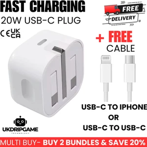 20W USB-C Plug UK Fast Charger + Free iPhone Cable | For iPhone 15 14 13 iPad - Picture 1 of 25