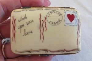 Limoges France Peint Mein Rochard Trinket Box Wish You Were Here Letter Postcard - Picture 1 of 13