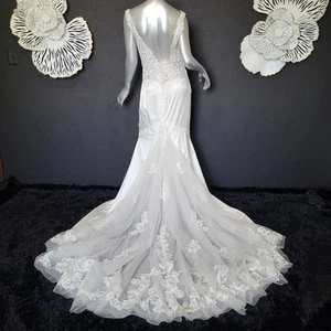 NWT~$1599~MON CHERI~8/10~IVORY LACE MERMAID FIT & FLARE WEDDING DRESS GOWN - Picture 1 of 24