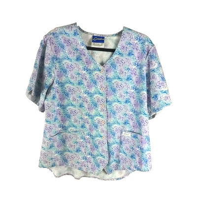 Blusa Médica Crest Para Mujer Abotonada Azul Púrpura Flor Talla X Grande Primavera Foto 1 de 4