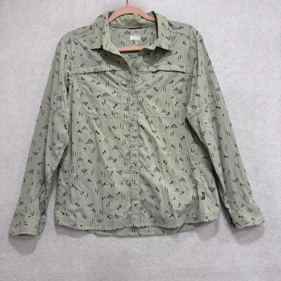 REI Co-op 衬衫女式中号绿色长袖远足纽扣前旅行 — 第 1/4 张图片