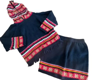 Hanna Andersson Black Hooded Knit Sweater Fair Isle Fringe Skirt Set 120 6 7 - Picture 1 of 12