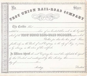 Troy Union Railroad Company siglo 1800 acciones en blanco certificado de acciones ferroviarias - Imagen 1 de 4