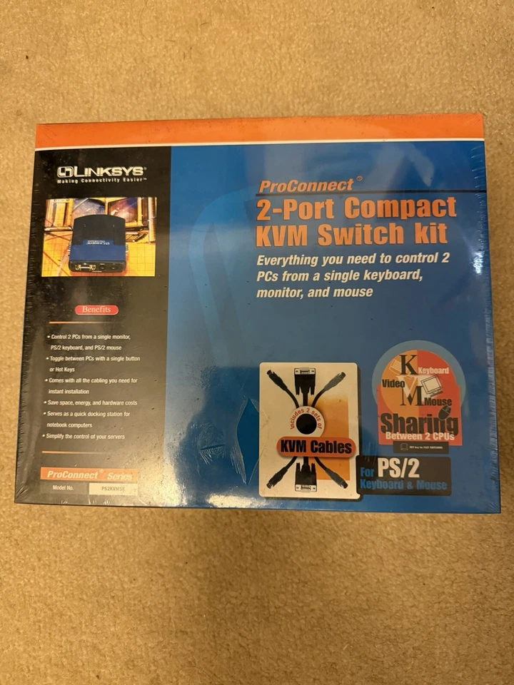 Linksys PS2KVMSK ProConnect 2-Port Compact KVM Switch Kit New Sealed - Image 1 of 1