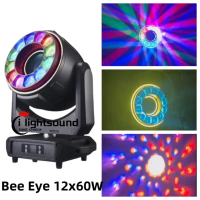 12x60W RGBW 4in1 Bee Eye DMX512 Zoom LED Moving Head Wash Light with Halo Ring - Image 1 of 4