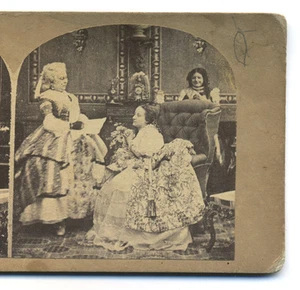 1860s European Genre Stereoview Mother Reads Letter to Daughter While Page Overh - Bild 1 von 3