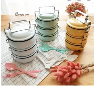 Thai Traditional Enamel Rabbit Brand Lunch Box Food Container 12cm 3 Stacks Sz M - Photo 1/48