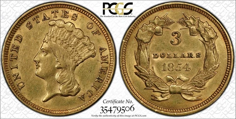 1854 $3 Gold Indian Princess - PCGS AU55 - First Year Issue Coin Cover