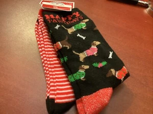 NEW/NWT~Holiday Time~2 Pack Crew Socks~HAPPY PAWLIDAYS~Multiple Brown Dachshunds - Picture 1 of 8