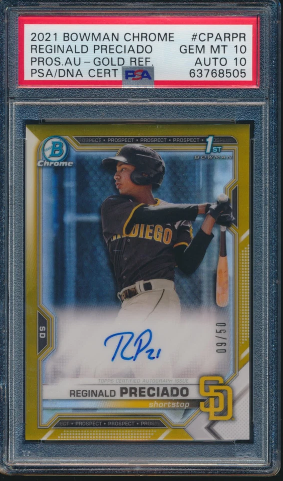 PSA 10/10 REGINALD PRECIADO AUTO 2021 Bowman Chrome GOLD REFRACTOR #/50 GEM MINT - Image 1 of 1