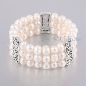 3 Rows 6-11mm Natural Multicolor Freshwater Pearl Stretch Bracelet Bangle 7.5'' - Picture 1 of 14