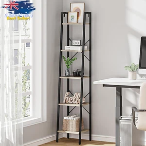 5-Tier Ladder Shelf Bookcase Corner Storage Shelving Unit with 2 Hooks Greige BC - Picture 1 of 12