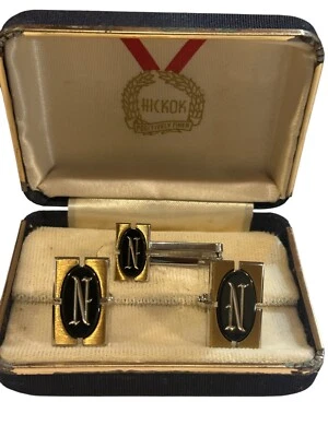 N Monogram Initial Letter Vintage HICKOK Cuff Links & Tie Bar Clip Man’s - Image 1 of 4