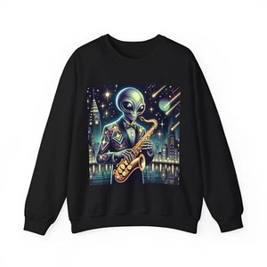 Erwachsene Rundhalsausschnitt Sweatshirt Alien Jazz Virtuose Art Deco Stadt Retro Sci Fi schrullig - Bild 1 von 8