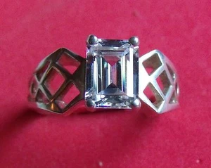 LADIES EMERALD CUT DIAMONIQUE, STERLING SILVER SIZE 8 - Picture 1 of 3