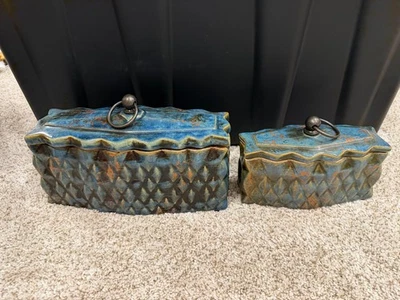 Uttermost Neelab Decorative Ceramic/Iron Blue Caramel Boxes Set Of 2 Lg Sm 19618 - Image 1 of 4