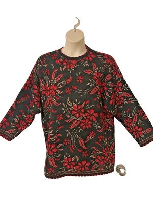 Suéter de Navidad Cascanueces Rojo Poinsettia Plus 1XL Dorado Lurex Hecho en EE. UU. USADO EN EXCELENTE ESTADO Foto 1 de 4