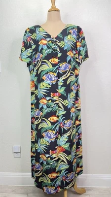 Maxi vestido vintage de seda con estampado de peces tropicales Maggy London para mujer 18 Foto 1 de 4