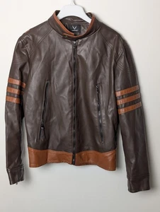 AOWOFS Men's Faux Leather Moto Jacket Brown with Orange Stripes Size M (22x26) - Picture 1 of 8