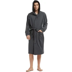 Mens Cotton Hooded Robes Soft Lightweight Plus Size Bathrobe (Dark Grey 2XL/3XL) - Picture 1 of 6
