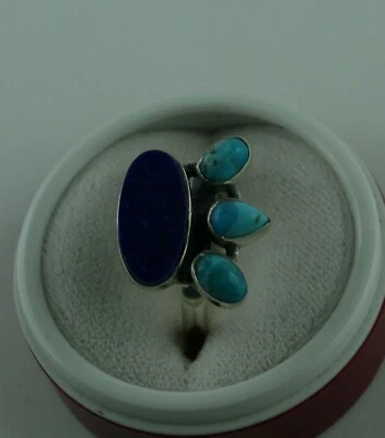 Sterling Silber Ring mit Edelsteinen Größe 55  Lapislazuli und Mohave Türkis - Bild 1 von 2