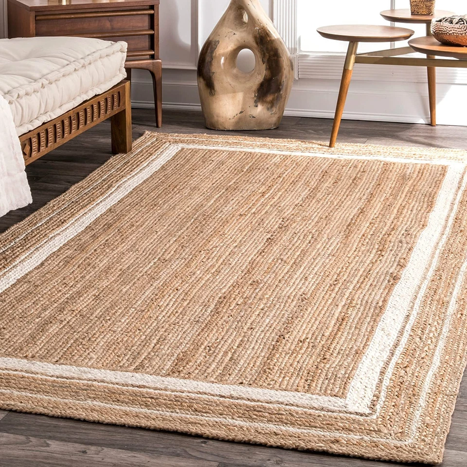 100% Natural Jute Rug Braided Rectangle Area Rug for Living Room Beige White - Image 1 of 4