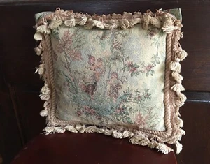 Vintage Tapestry Pillow & Cover 12x12 Lady Children Goats Woodsy Floral Nymphs - Picture 1 of 9