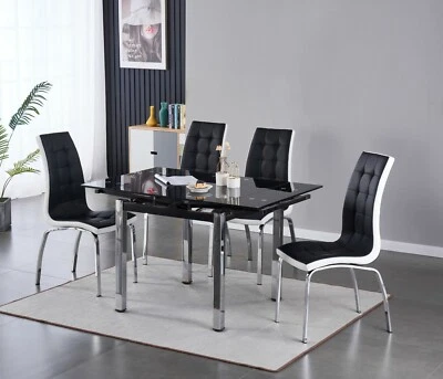 FURNIZONE UK Dining Table Set Black Glass Extendable Chrome Legs with 4 Faux Leather Chairs