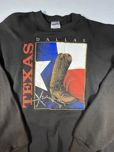 Vintage 90s Dallas Texas Sweatshirt Cowboy Boots Texas Flag Faded Black Large - Picture 1 of 7