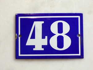 ANCIEN PLAQUE TÔLE éMAILLé-"48"-NUMéRO RUE-10X15cm-BLEU-BLANC - Picture 1 of 3