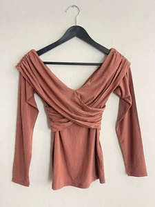 Wilfred Aritzia M Wrap Top Mocha Azalea Long Sleeve Shirred Stretch V Neck NEW - Picture 1 of 8