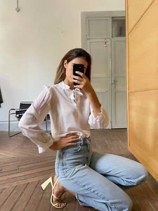 Vintage sheer romantic woman blouse, White see through collared shirt, Bow tie a - Picture 1 of 10