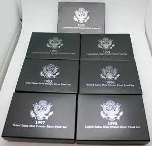 1992-1998- Premier Silver Proof Sets in OGP w/COA Complete 7 Year Proof Set Run! - Picture 1 of 2