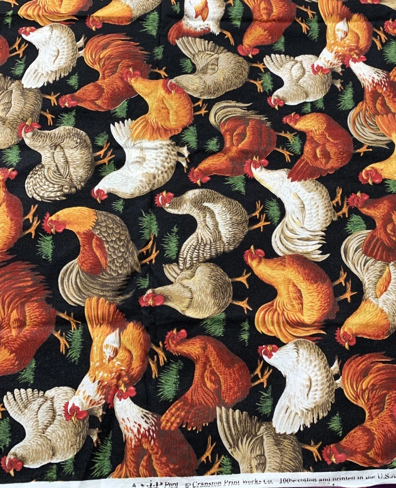 1 Yarda Cranston Estampado VIP Gallos y Pollos Tela Algodón Gallinas NUEVO Negro Granja Foto 1 de 1