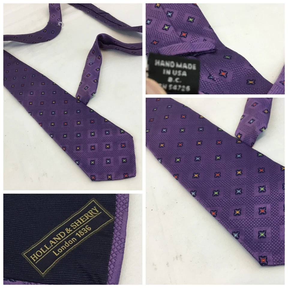 Holland & Sherry 领带 3.5 英寸紫色格子 100% 真丝美国完好 YGI — 第 1/4 张图片
