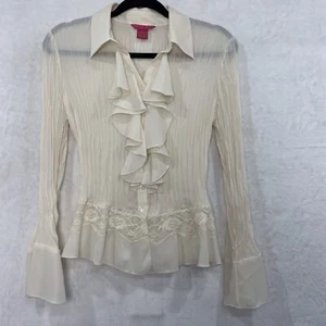 Sunny Leigh Y2K Sheer Pleated Bell Sleeves Ruffle Top S Ivory Lace Romantic - Picture 1 of 10