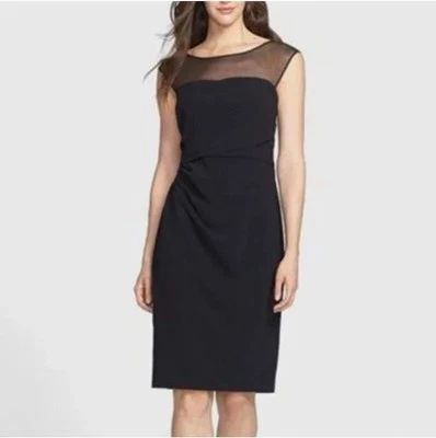 Vera Wang Dress Women's 14 Black Ruched Crepe Sheer Illusion Neckline Stretch - Image 1 of 4