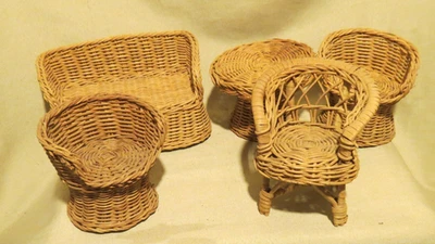 Vintage Barbie Brown Wicker Rattan Furniture Living Room, Patio Set 10 Pieces - Image 1 of 2