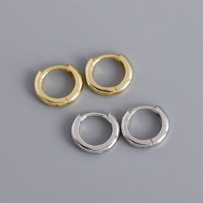 Pair REAL S925 Sterling Silver Thick Huggie Hoop 12mm Earring Clip Classic Woman - Image 1 of 3