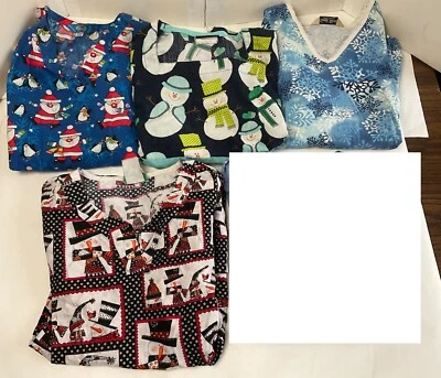 Lot 4 Small Winter Scrub Top Shirt Christmas Snowman Snowflake Santa Clause Snow - Image 1 of 4