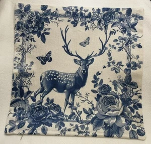 Chinoiserie Blue Ivory Deer Floral Botanical Linen Throw Pillow Cover Home Decor - Picture 1 of 5
