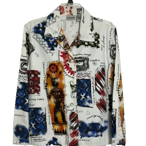 Chico’s Women’s Size Small White Colorful Graphic Button-Up Denim Cotton Jacket - Picture 1 of 12