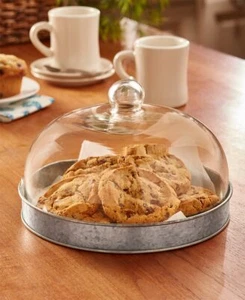 Serving Plate Tray with Glass Dome Cover Cookies Cake Cheese Kitchen Galvanized - Picture 1 of 8