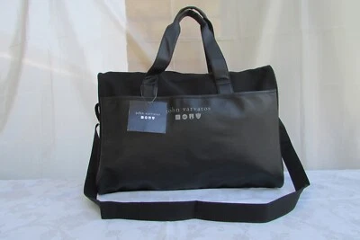 John Varvatos Black Canvas Faux Leather Trim Weekender Duffel Gym Bag 12"X19"X8 - Image 1 of 4
